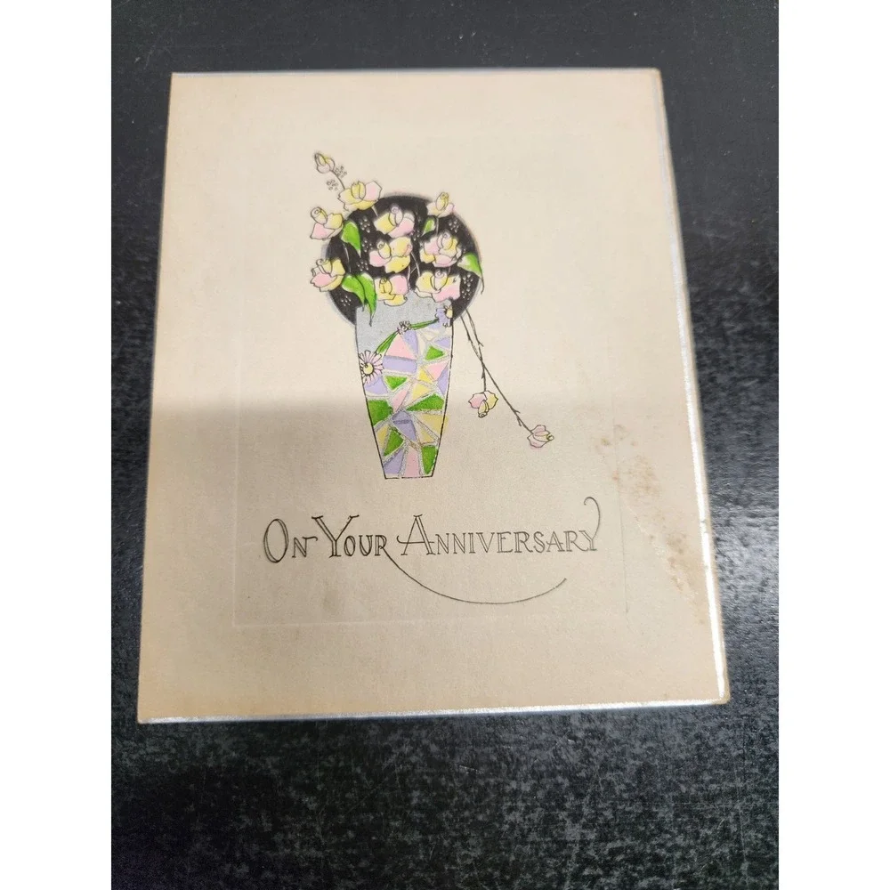 Vintage 1926 Art Deco Anniversary Greeting Card Floral Vase Ephemera Handwritten